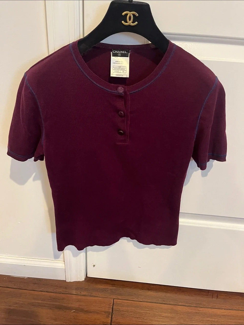CHANEL Plum Short Sleeve Henley with Blue Contrast Stitching